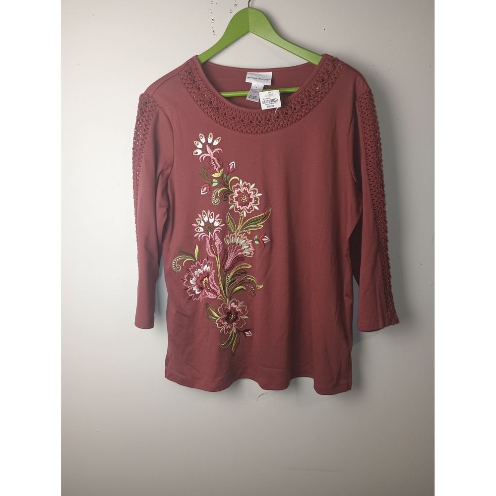 Alfred Dunner Womens Embroidered Floral Crochet Lace Tee‎ Top Terracotta